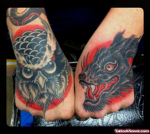 Grey Ink Wolf And Owl Head Tattoos On Both Hands