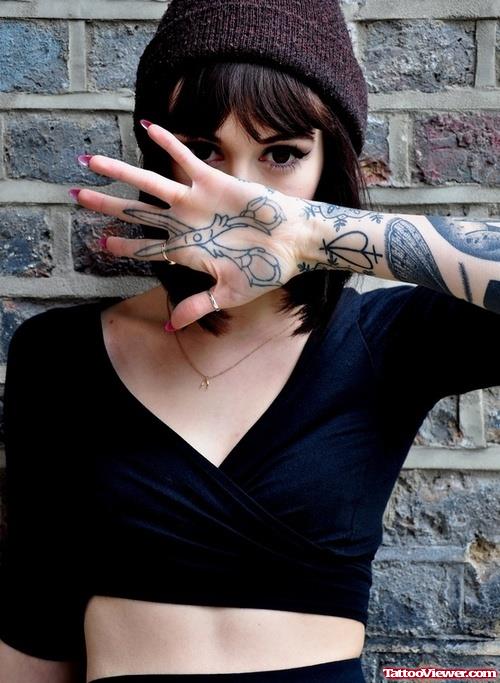 Grey Ink Scissor Tattoo On Girl Left Hand