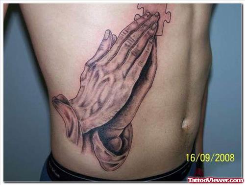 Grey Ink Praying Hands Tattoos on Man Side Rib