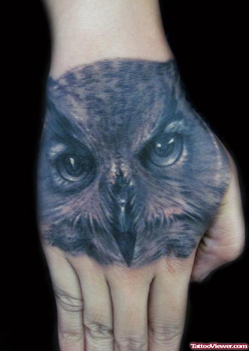 Grey Ink 3D Owl Head Tattoo On Right Hand
