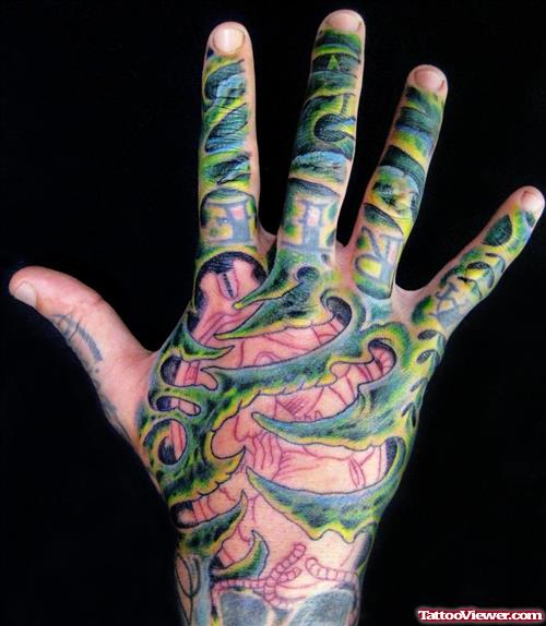 Colored Biomechnical Tattoo On Right Hand