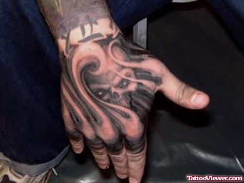Black Scary Skull Tattoo On Hand