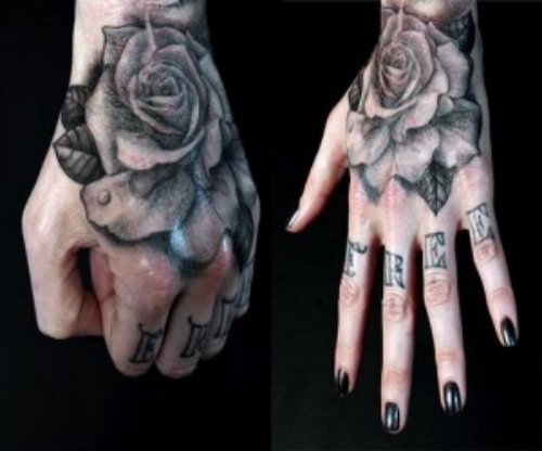 Grey Ink Rose Flowers Hand Tattoos