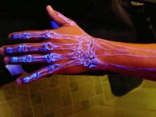 Black Light Bones Tattoo On Hand