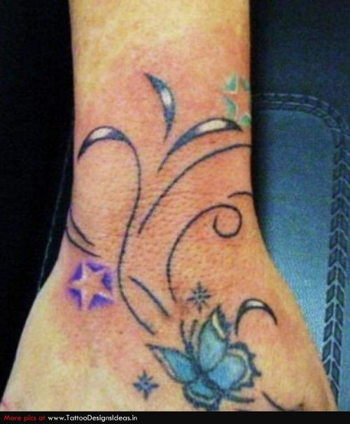 Color Butterfly And Star Hand Tattoo