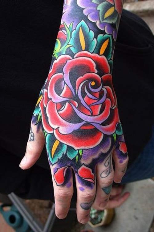 Color Ink Red Rose Flower Left Hand Tattoo