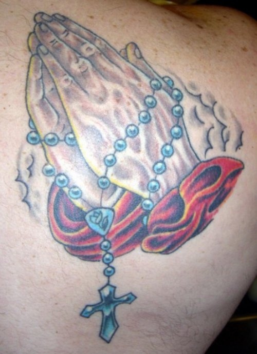 Awesome Rosary And Praying Hands Tattoo on Back