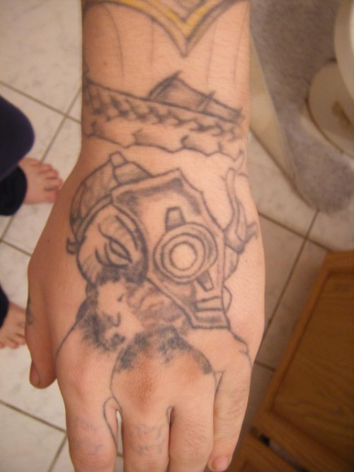 Grey Ink Goat Head Tattoo On Left Hand