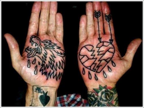 Broken Heart And Wolf Head Tattoos On Hands