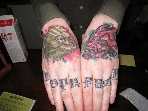 Hope Fear Demon Head Hand Tattoos