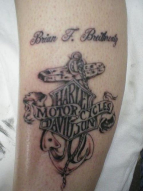 Grey Ink Harley Tattoo On Leg