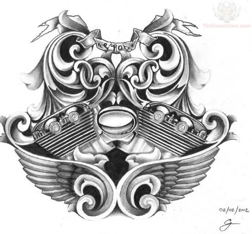 Grey Ink Harley Engine Tattoo Design