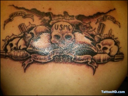 Grey Ink Skull And Banner Harley Tattoo