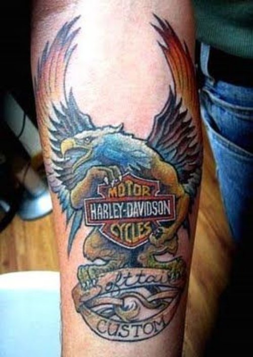 Open Wings Eagle And Harley Tattoo On Sleeve