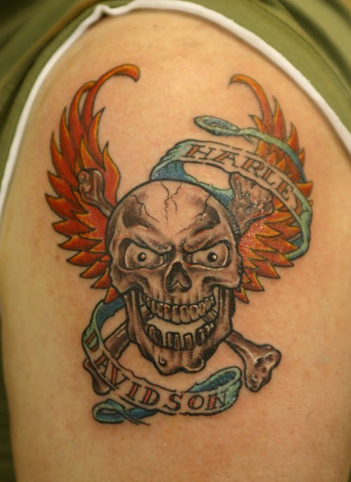 Winged Danger Skull Harley Tattoo