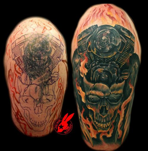 Dark Ink Harley Tattoo On Half Sleeve