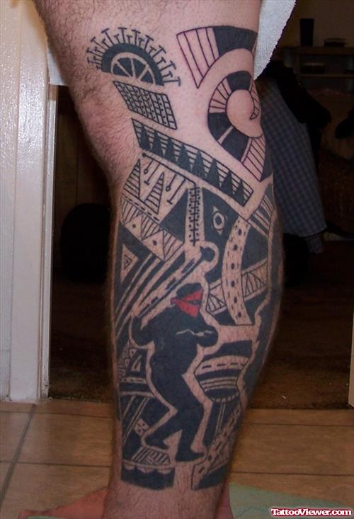 Grey Ink Hawaiian Tattoo On Leg