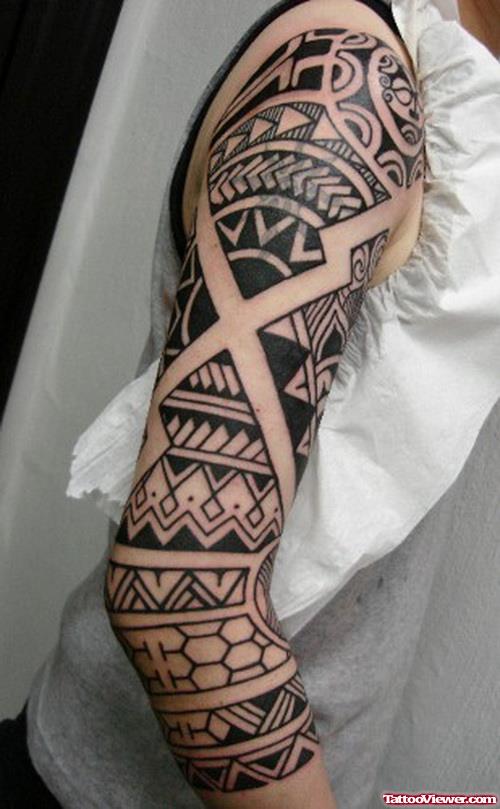 Black Ink Tribbal Hawaiian Tattoo On Arm
