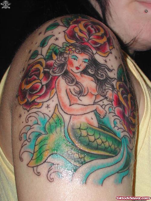 Amazing Red Rose Flowers And Mermaid Hawaiian Tattoo On Right Shoulder