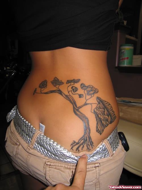 Grey Ink Hawaiian Tree Tattoo On Girl Lowerback