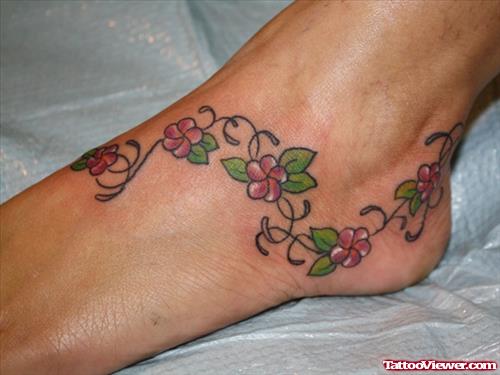 Amazing Color Flowers Hawaiian Tattoo On Leg