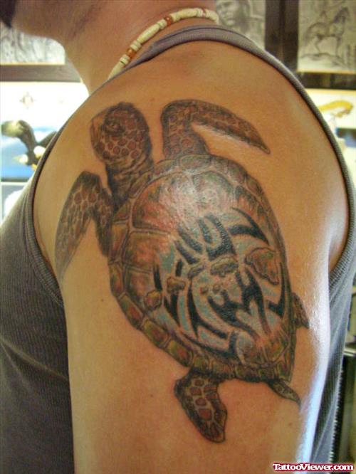 Sea Turtle Hawaiian Tattoo On Left Shoulder