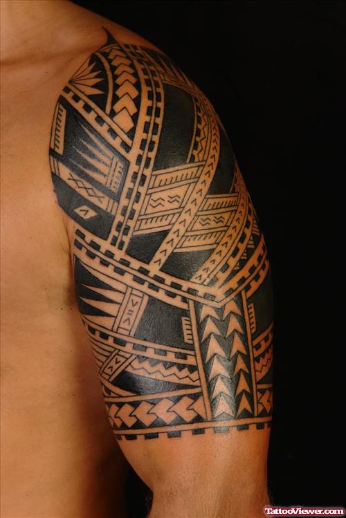 Left Half Sleeve Tribal Hawaiian Tattoo For Men