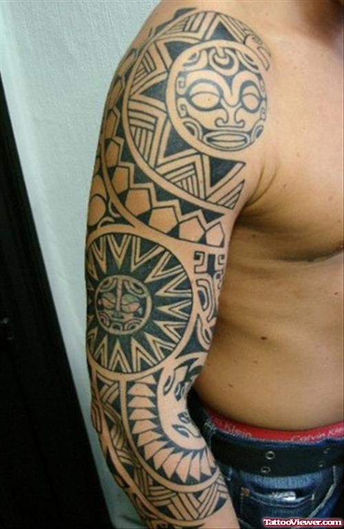 Amazing Grey Ink Hawaiian Tattoo On Man Right Sleeve