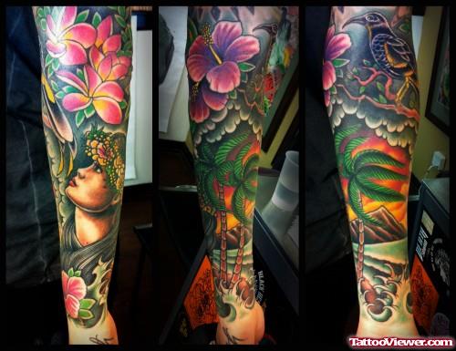 Amazing Colored Hawaiian Tattoo On Sleeve