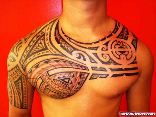Best Hawaiian Tattoo On Man Chest And Half Sleeve
