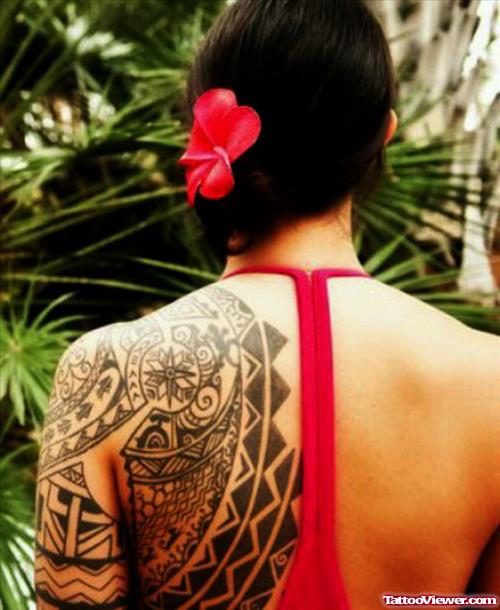 Hawaiian Tattoo On Girl Left Back SHoulder