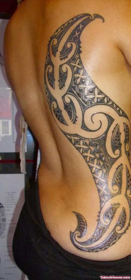 Grey Tribal Hawaiian Tattoo On Side Rib