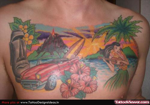 Colored Hawaiian Tattoo On Man Chest
