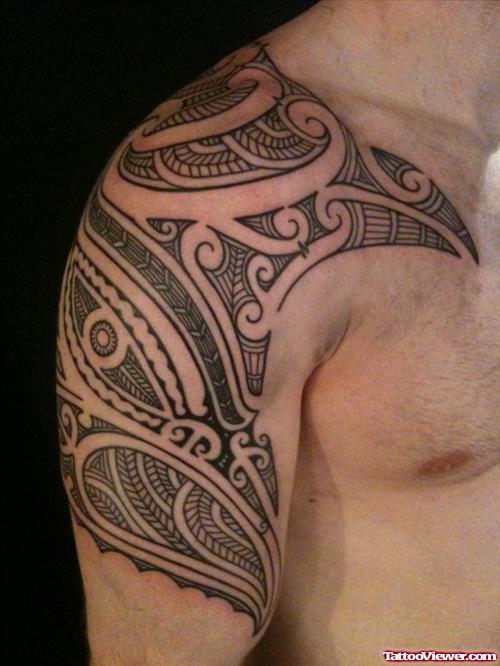 Awful Grey Ink Hawaiian Tattoo On Man Right Half Sleeve