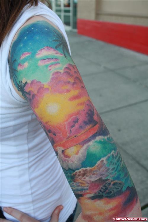 Awesome Colored Hawaiian Tattoo On Left Half Sleeve