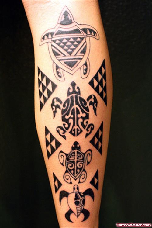 Hawaiian Tribal Turtle Tattoos On Leg