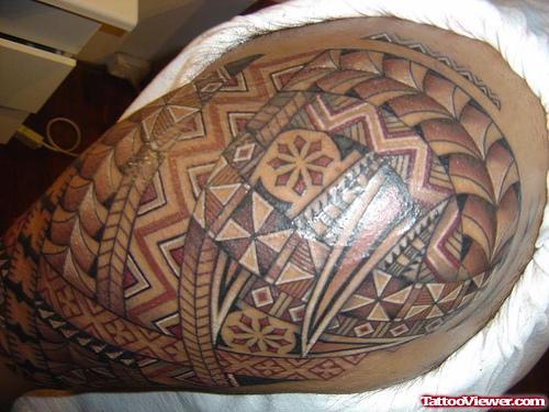 Grey Ink Tribal Hawaiian Tattoo On Half Sleeve