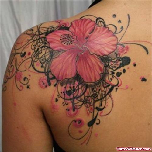 Amazing Red Hawaiian Tattoo On Left Back Shoulder