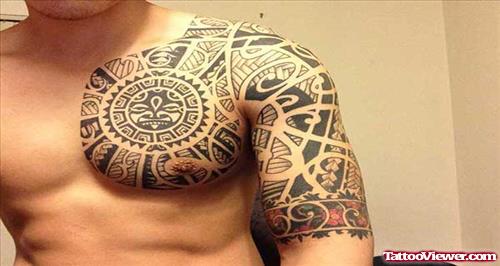 Man Chest And Half sleeve Hawaiian Tattoo