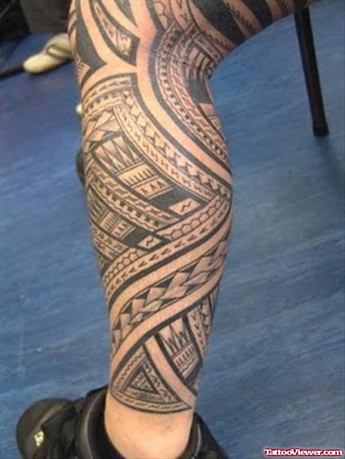 Hawaiian Tribal Tattoo On Leg For Men