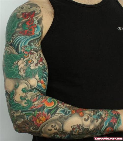 Colored Hawaiian Tattoo On Right Sleeve