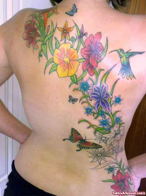 Colored Hawaiian Flowers And Birds Tattoo On Back