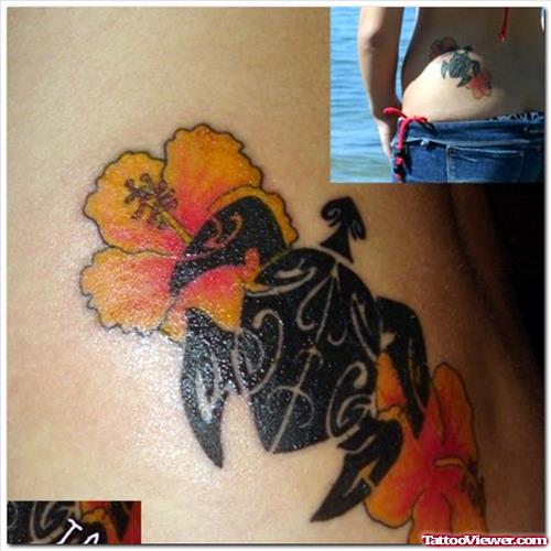 Color Flowers And Turtle Hawaiian Tattoo