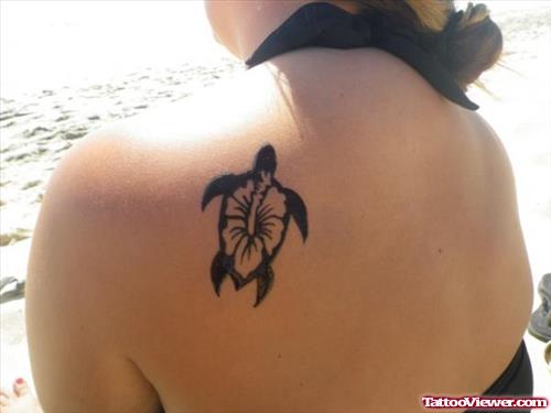 Black Tribal Turtle Hawaiian Tattoo On Back