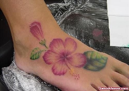 Hawaiian Hibiscus Flowers Tattoo On Right Foot
