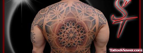 Grey Ink Hawaiian Mandala Flower Tattoo On Back