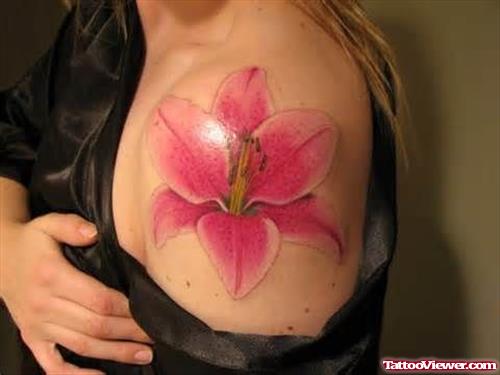 Pink Hawaiian Flower Tattoo On Girl Left Shoulder