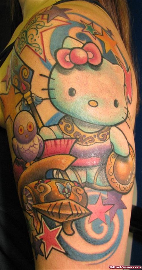 Colored Kitty Hawaiian Tattoo On Half Sleeve