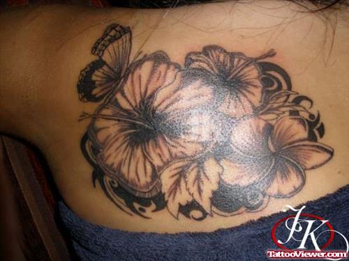 Amazing Grey Flowers Hawaiian Tattoo On Back