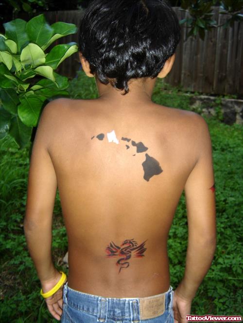 Dragon And Black Ink Hawaiian Tattoo On Back